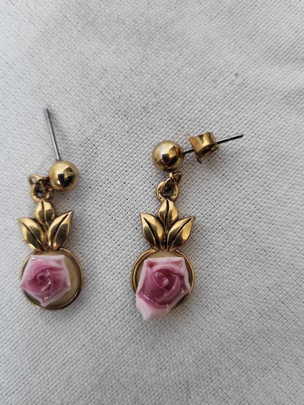 Gold-Tone Pink Rose Drop Earrings Vintage